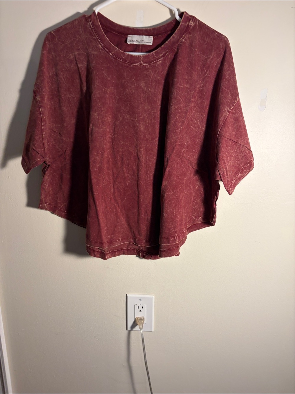 Zenana Outfitters Mineral Wash Cropped Tee in Wine Red